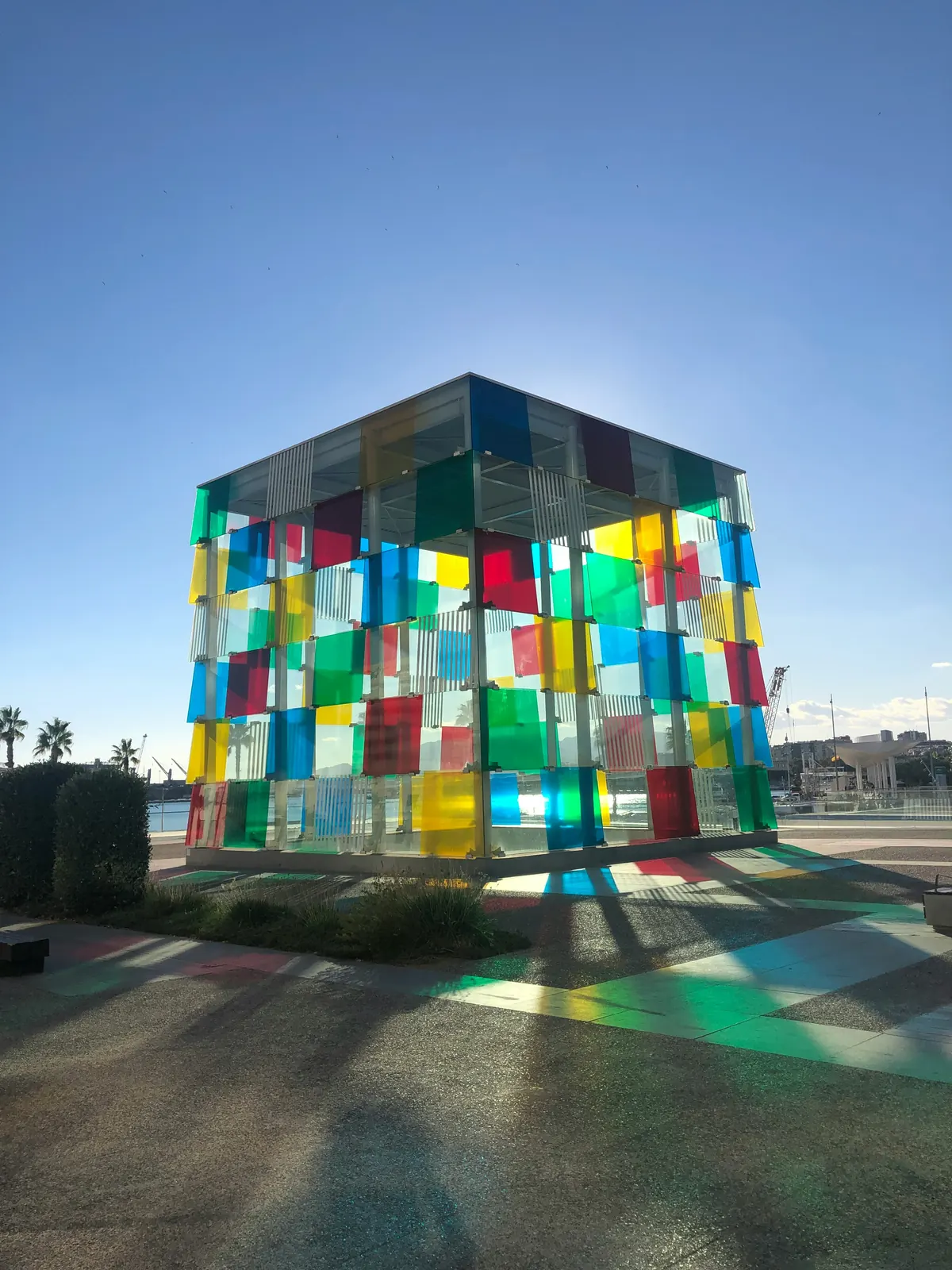 Colourful Centre Pompidou Malaga cube beside the port