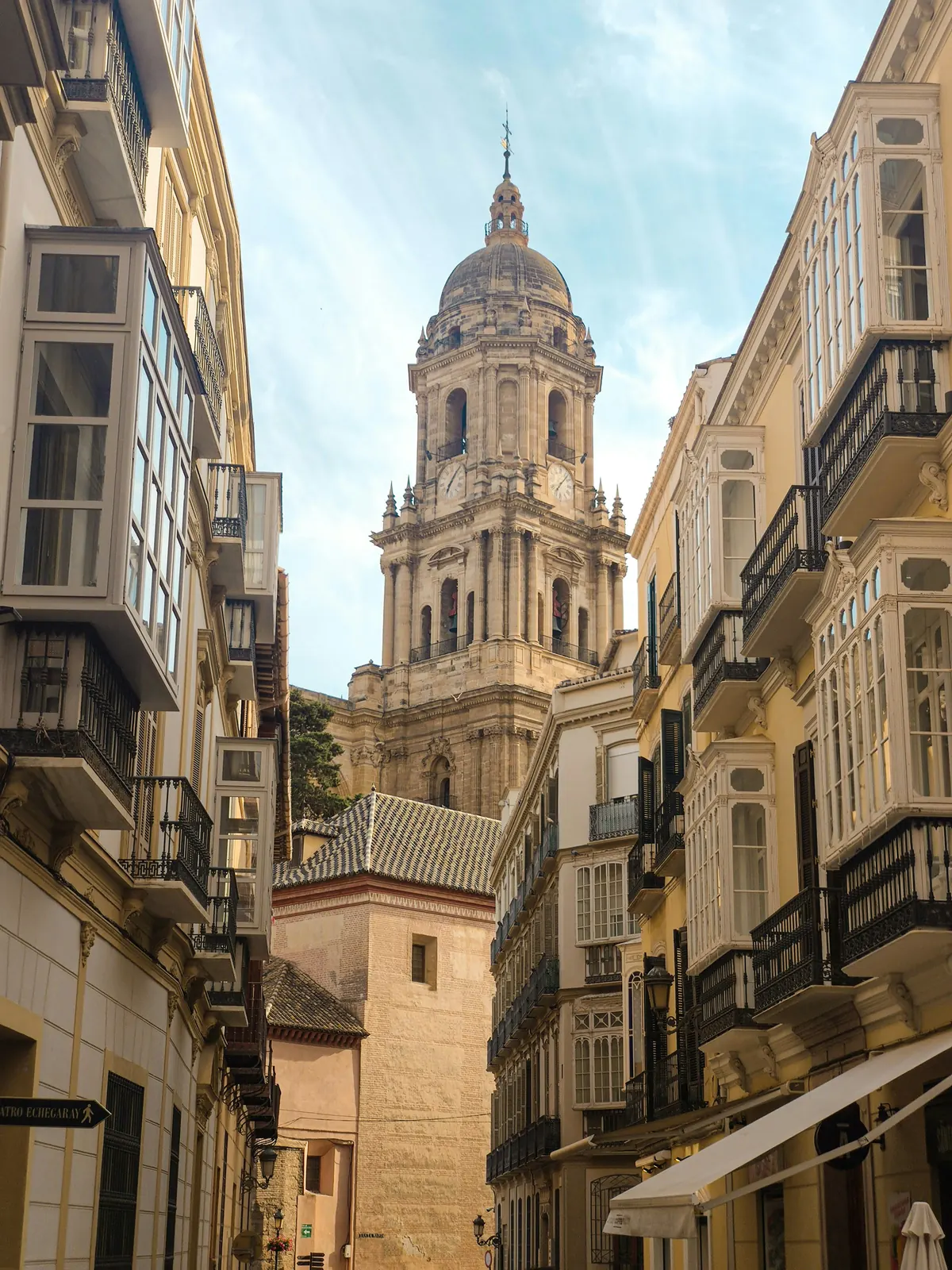 Malaga Cathedral seen from Calle San Agustin in the old town