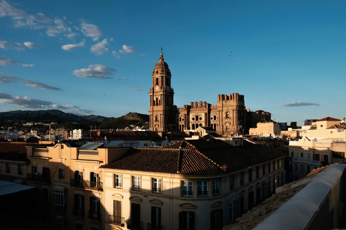 Malaga skyline and Cathedral after arriving in the city centre